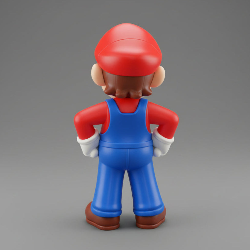 Back view of a Super Mario collectible toy figurine standing with hands on hips, showcasing product details on a gray background.