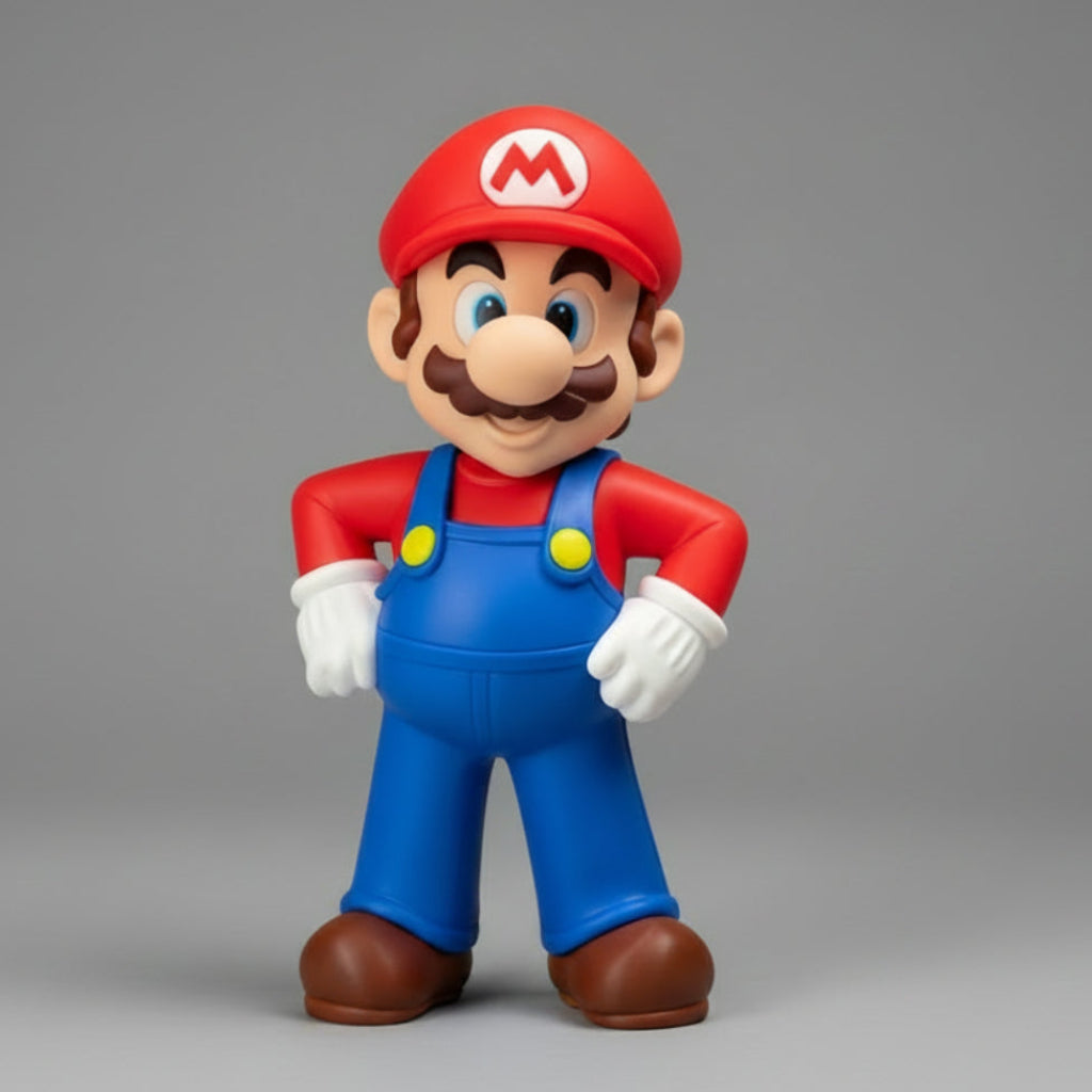Super Mario collectible toy figurine standing with hands on hips, wearing iconic red cap and blue overalls against a plain gray background.