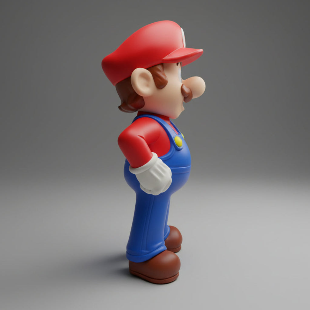 Side profile view of a Super Mario collectible toy figurine standing with hands on hips, showcasing product details on a gray background.