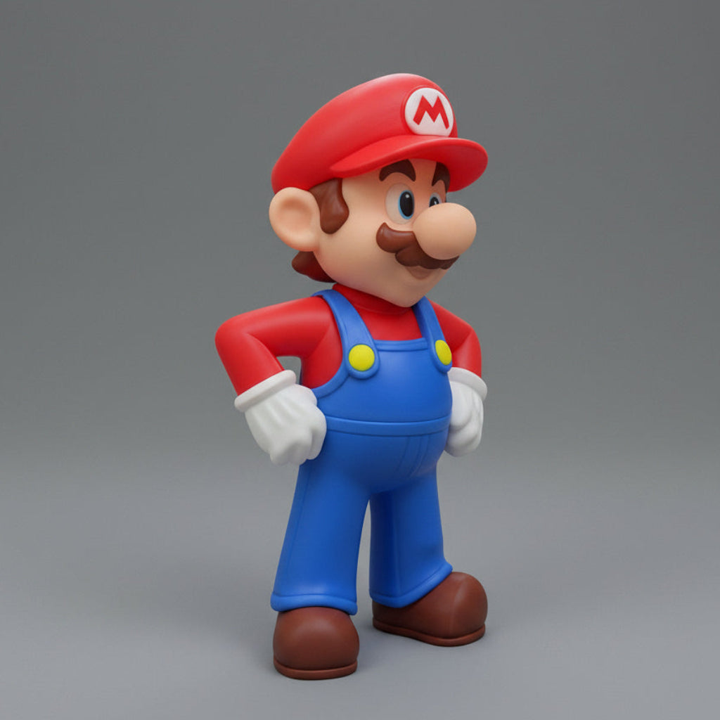 Side profile view of a Super Mario collectible toy figurine standing with hands on hips, showcasing product details on a gray background.
