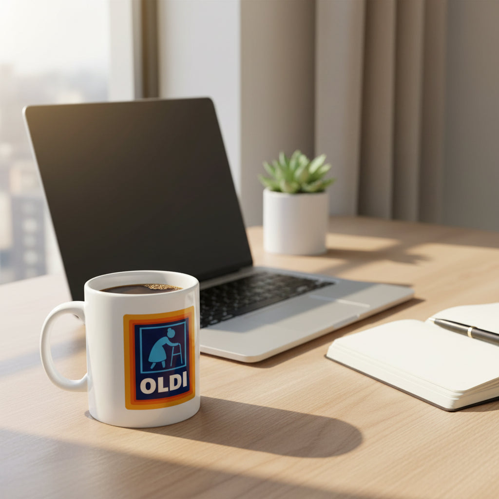 A white ceramic coffee mug with a blue and orange graphic logo featuring the text 'OLDI' sits on a wooden desk next to an open laptop, notebook, and a small potted succulent.