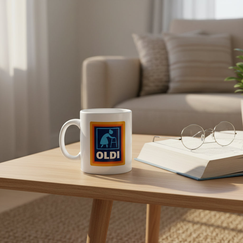 A white ceramic mug with a blue and orange graphic that reads 'OLDI' sits on a light wood table in a cozy living room setting next to an open book and round glasses.