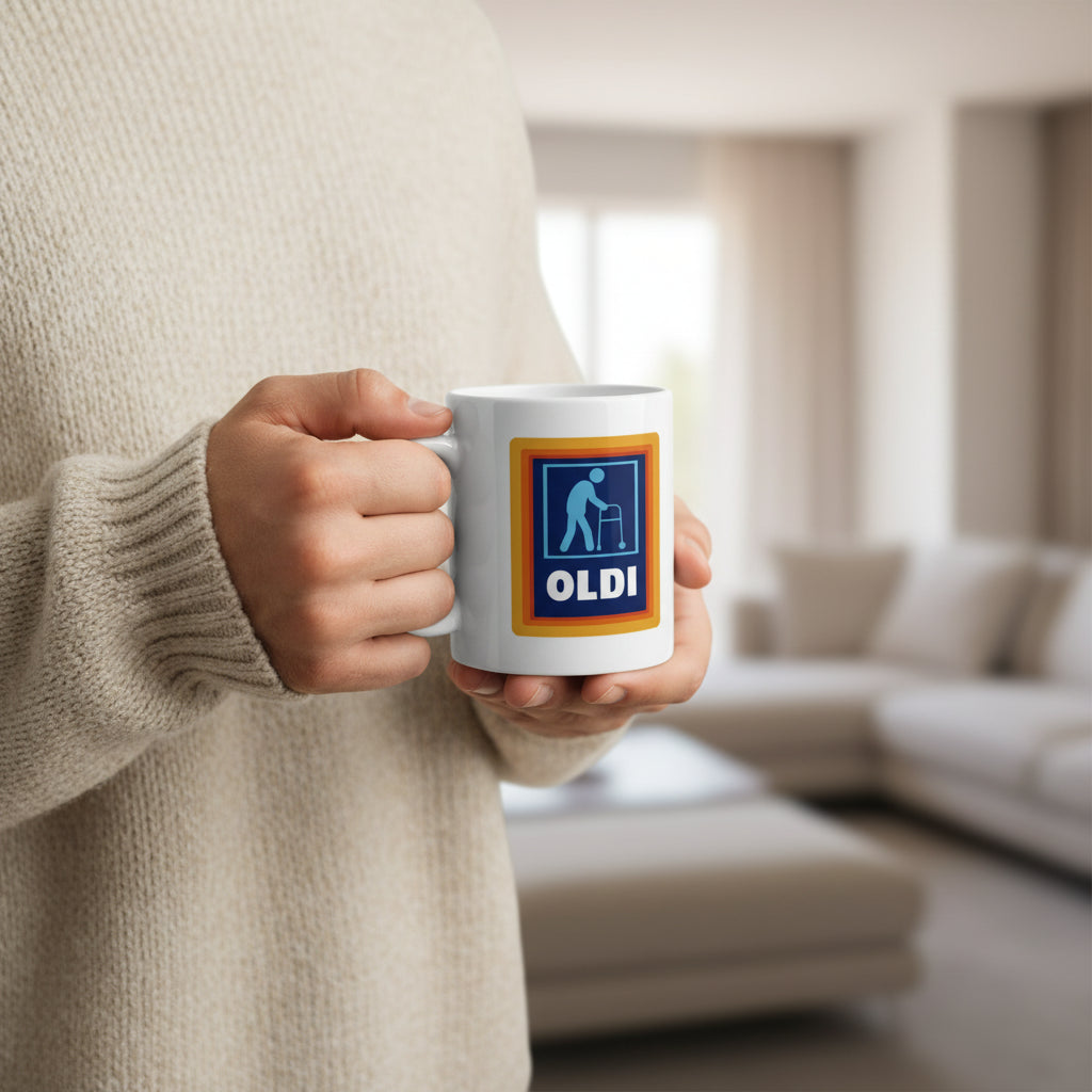 A person in a beige knit sweater holds a white ceramic mug with a blue and orange graphic that reads 'OLDI' and shows a silhouette of a person with a cane. The background is a softly blurred living room with a sofa.