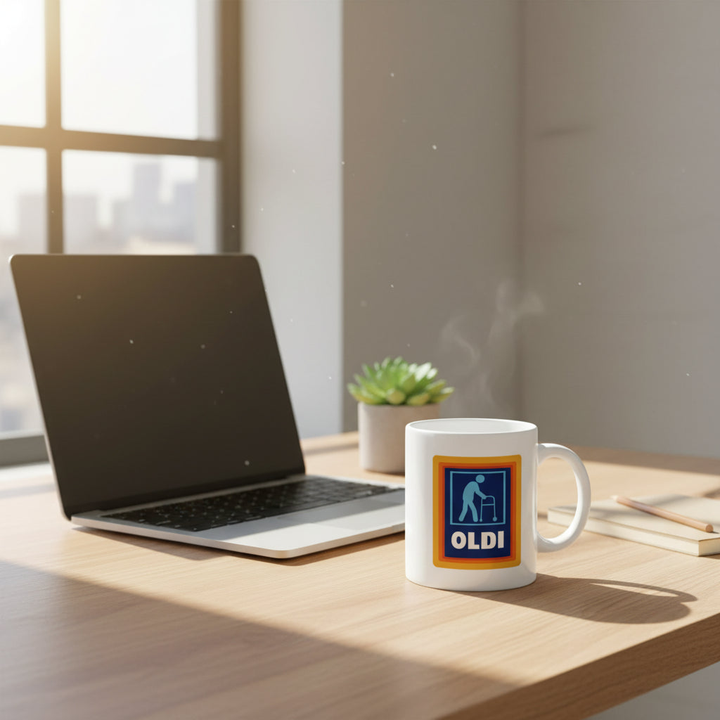 A white ceramic mug with a blue and orange 'OLDI' graphic sits on a wooden desk next to an open laptop in a bright, sunlit room.