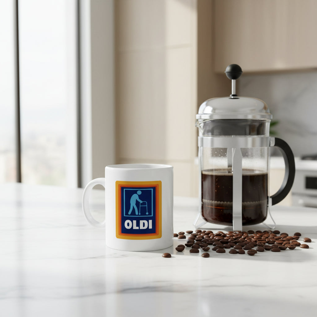 A white ceramic mug with a blue and orange 'OLDI' graphic sits on a white marble countertop next to a glass French press filled with coffee, with scattered coffee beans in front. The background shows a softly blurred kitchen interior.