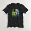 A black short-sleeve crewneck t-shirt featuring a colorful graphic print of the anime character One Piece on the chest, displayed flat against a light off-white background.