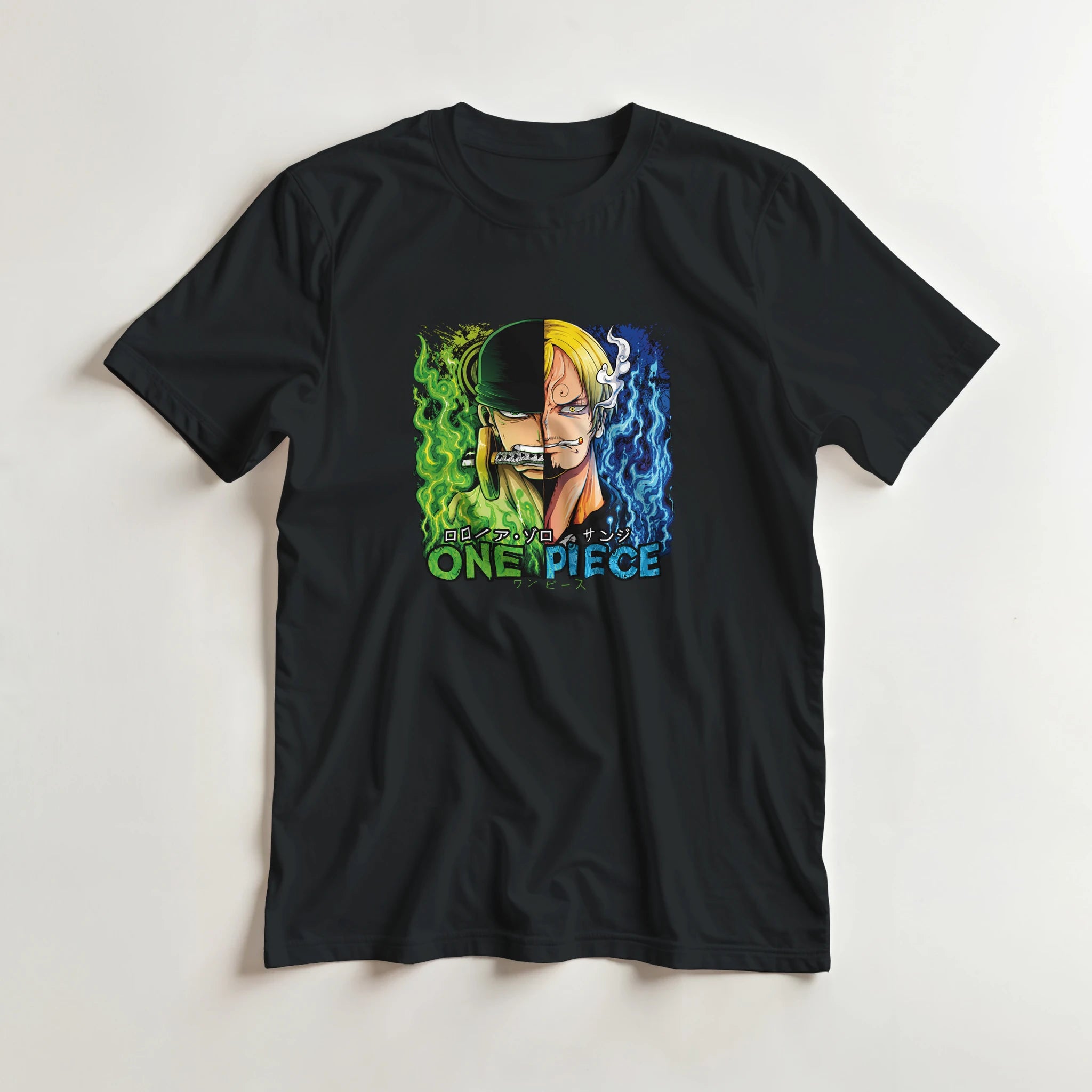 A black short-sleeve crewneck t-shirt featuring a colorful graphic print of the anime character One Piece on the chest, displayed flat against a light off-white background.