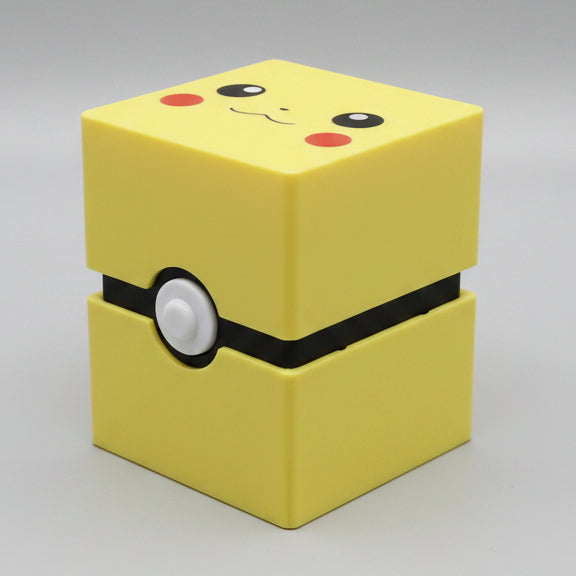3D printed Pikachu Pokémon deck box in bright yellow with Pikachu face lid art, black Poké Ball clasp band and white button.