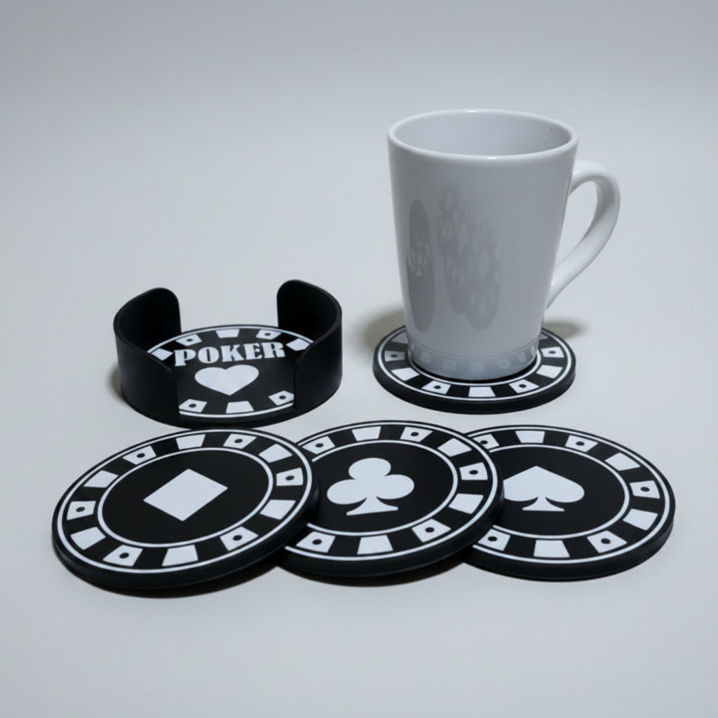 Poker-themed coasters on a grey background with a white mug.