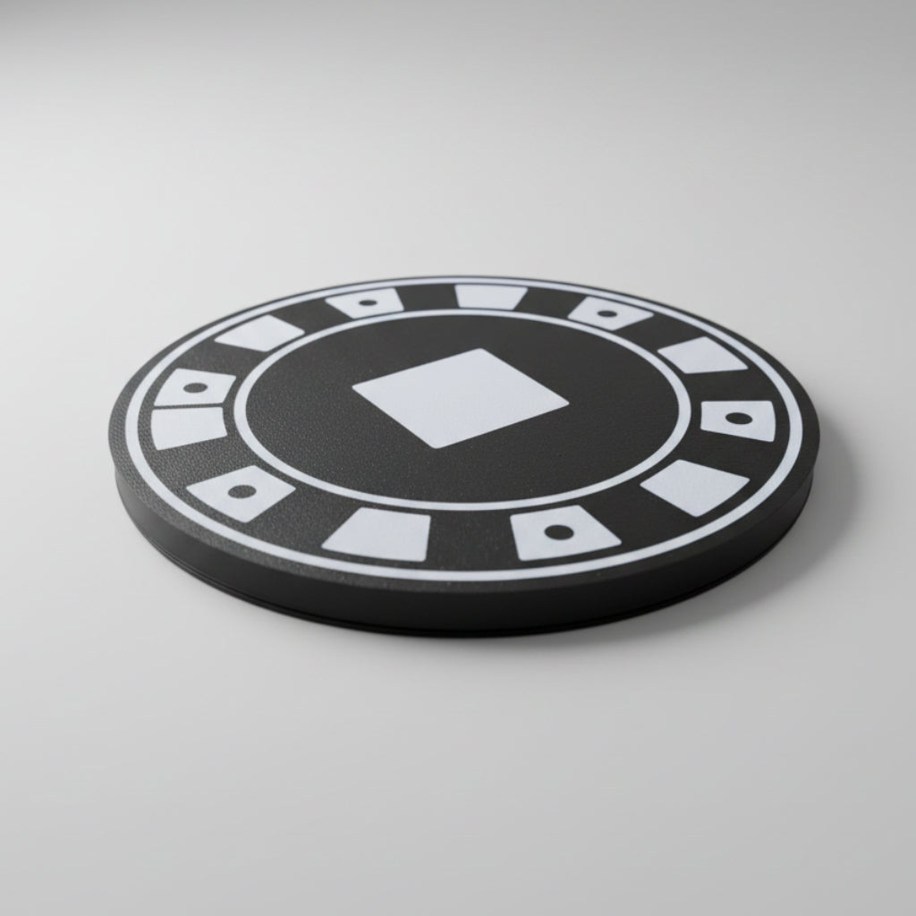 Black and white poker chip style coaster on a grey background.