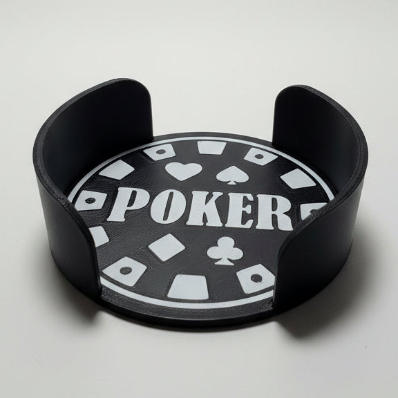 Black poker chip coaster holder with 'Poker' text on a grey background.