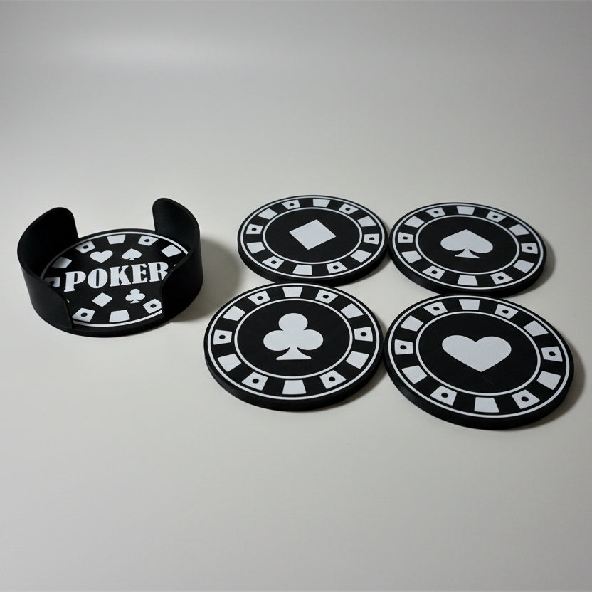 Poker chip coasters with card symbols on a grey background.
