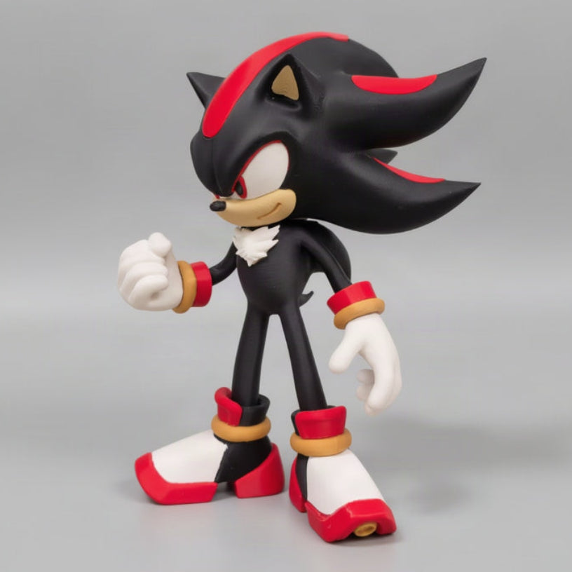 A collectible action figure of Shadow the Hedgehog from Sonic, standing on a gray background.