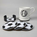 Set of soccer-themed coasters with a mug on a grey background.