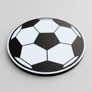 3D printed football coaster — cork-backed soccer ball design in black and white, handmade by FredBox3D Ireland,