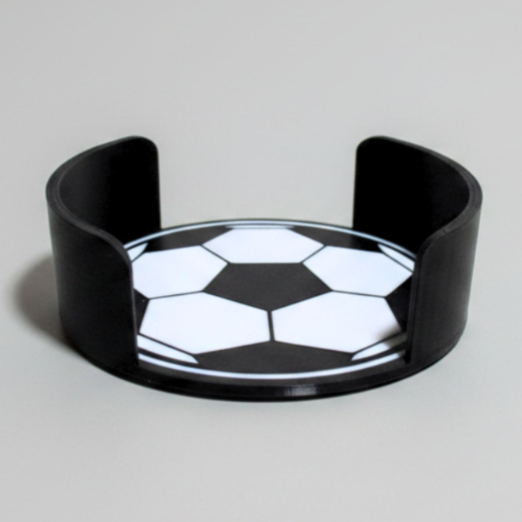 3D printed football coaster holder — black soccer ball design coaster caddy, handmade by FredBox3D Ireland

