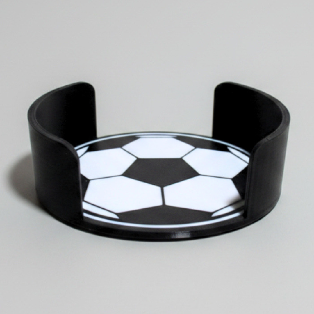 3D printed football coaster holder — black soccer ball design coaster caddy, handmade by FredBox3D Ireland

