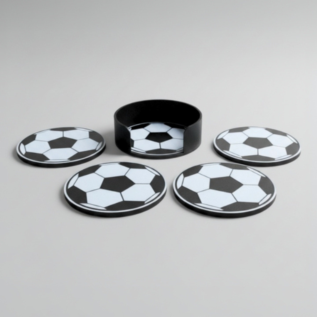 3D printed football coaster set — 4 cork-backed soccer ball coasters arranged around black holder, handmade by FredBox3D Ireland

