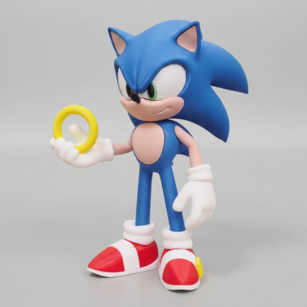 Sonic the hedghog holding a yellow ring with a grey background