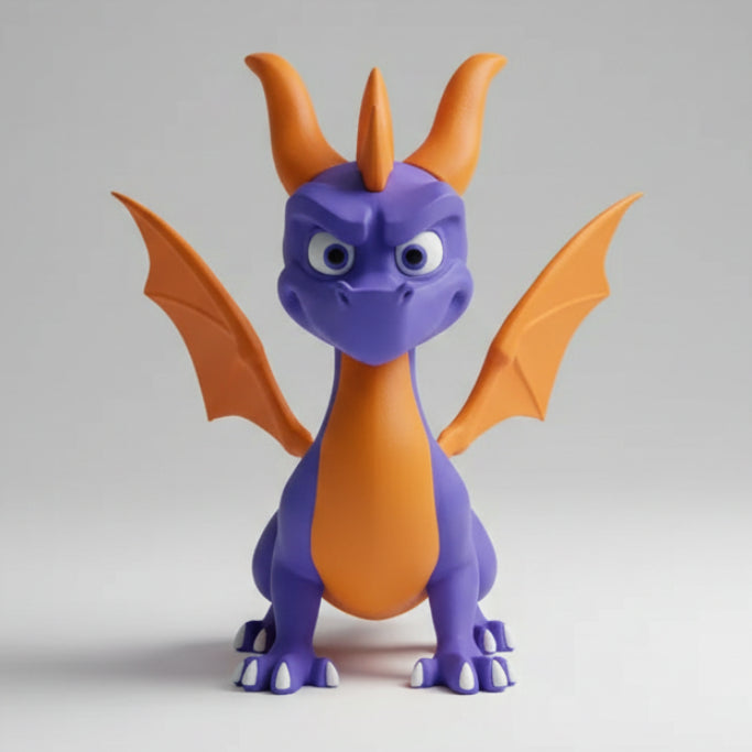 A purple and orange spyro the dragon figurine with large bat-like wings, tall orange horns, and white claws, standing against a plain light gray background.