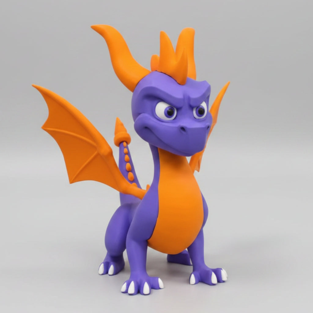A purple and orange spyro the dragon figurine standing against a light gray background.