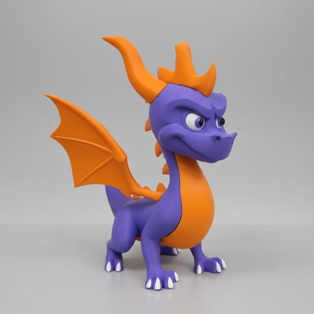 A purple and orange spyro the dragon figurine standing against a light gray background.