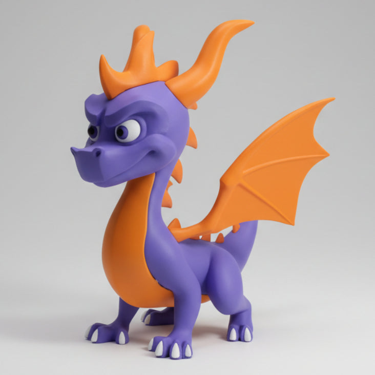 A purple and orange spyro the dragon figurine standing against a light gray background.