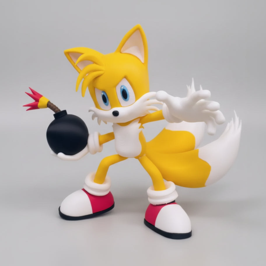 Tails from sonic the hedghog figure holding a bomb on a grey background.