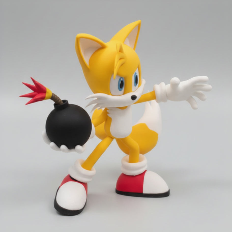 Side View of tails from sonic the hedghog holding a bomb on a grey background.