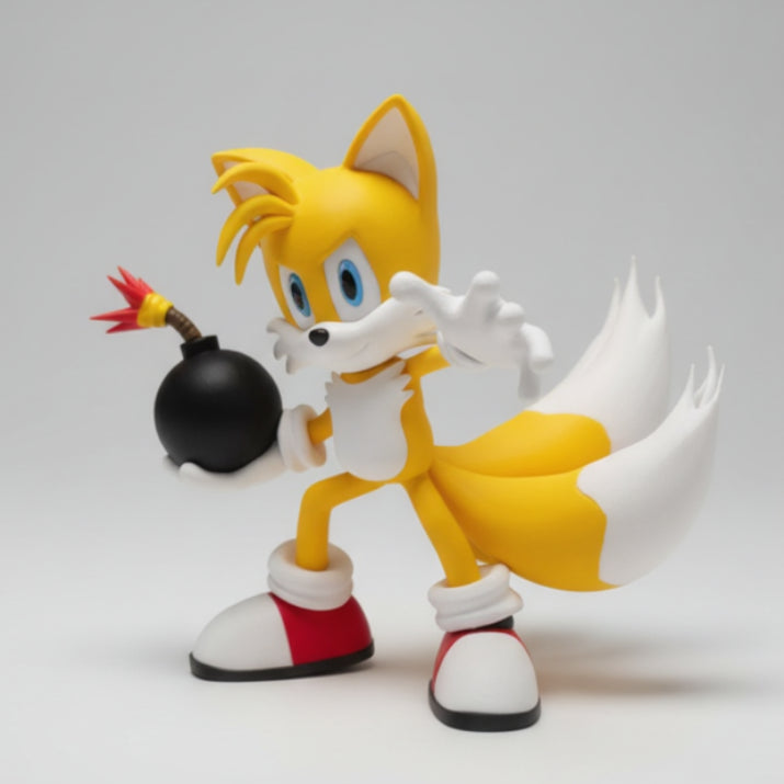 Tails figurine holding a bomb on a grey background.