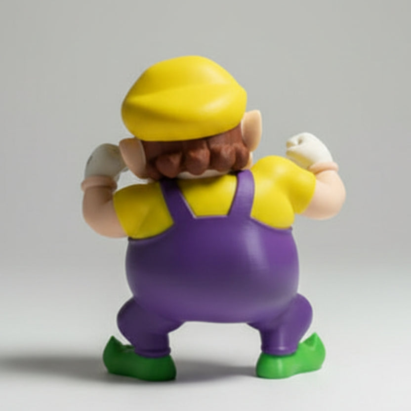 Backview of a 3d printed wario figure on a gray background.