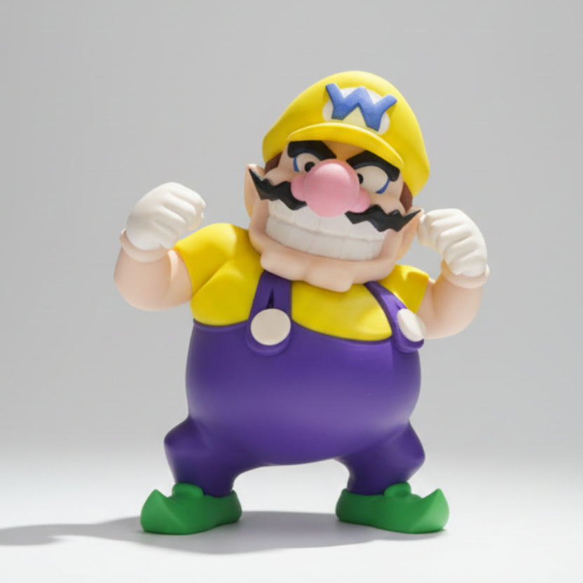 Wario figure in a fighting pose on a grey background.