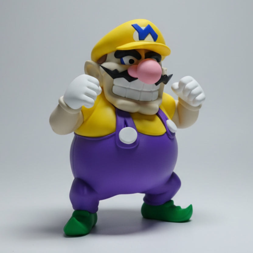 Wario character with a yellow hat and purple overalls on a grey background.