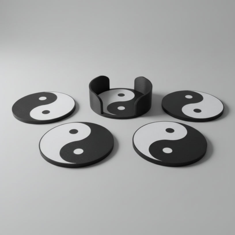 Five black and white yin yang symbol coasters on a grey background.