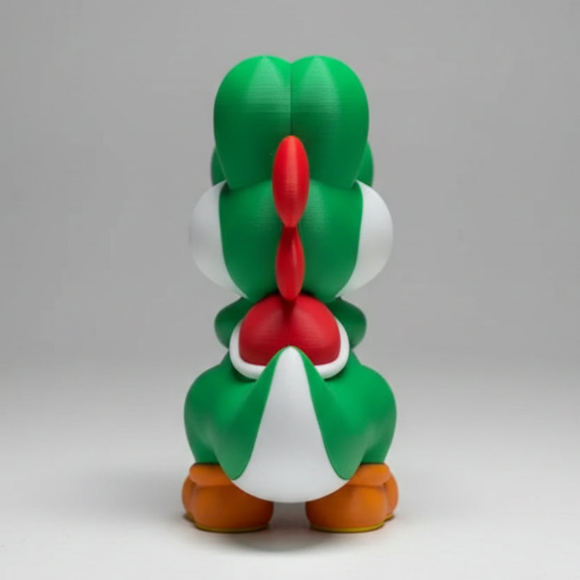 Back view of a yoshi display figure on a grey background.