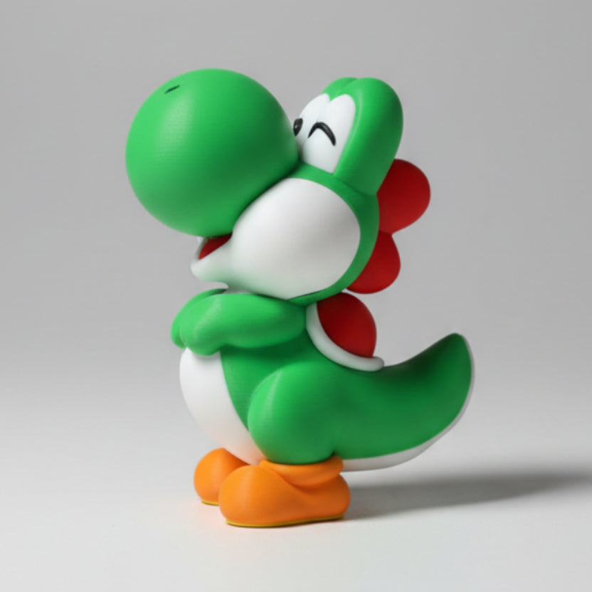 Side View of a yoshi diplay figure on a grey background