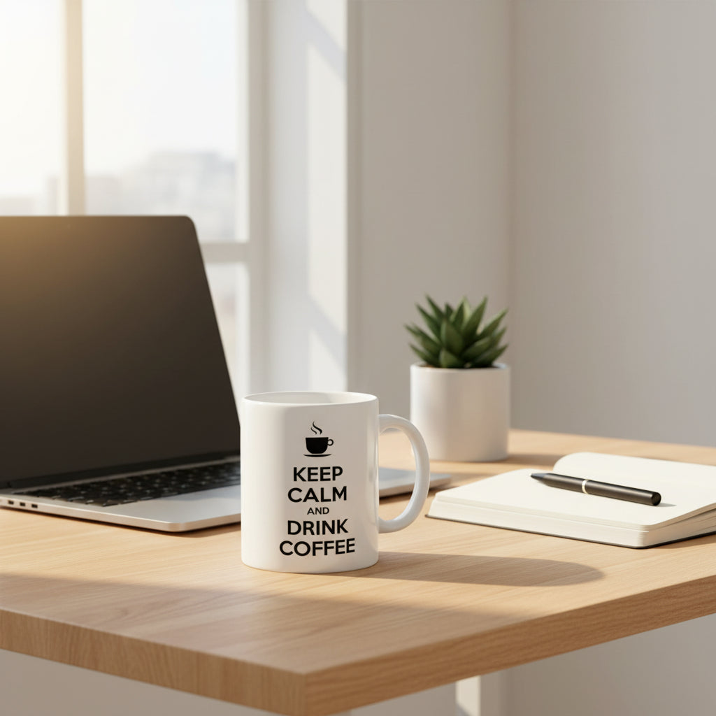 Keep Calm and Drink Coffee white ceramic mug on a wooden desk beside a laptop, notebook and succulent plant.