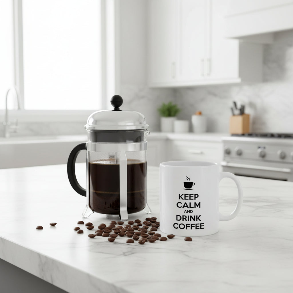 Keep Calm and Drink Coffee white ceramic mug on a marble kitchen counter beside a French press and scattered coffee beans